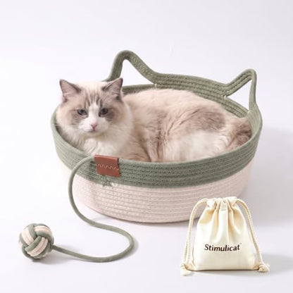 Handwoven Cat Basket Bed, Natural Cotton Rope Cat Bed with Hanging Ball Toy, Breathable Woven Cat Nest,Scratchable Basket for Sleeping, Playing and Relaxing (Green Medium(0-15 lbs |16.5"Wide))