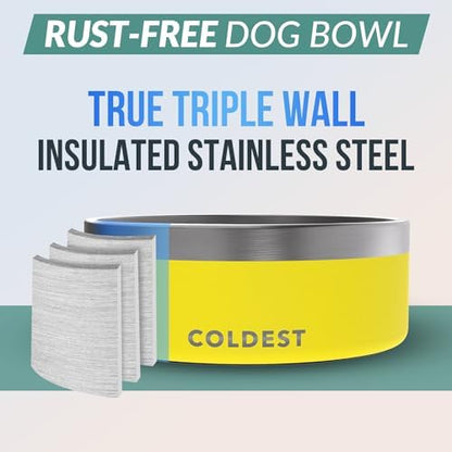 Coldest Dog Bowl - Anti Rust Metal, Non Slip, 3 Layers Insulated Stainless Steel Dog Bowls - Spill Proof & Heavy Duty - Water Bowl for Dogs, Cats & Pets, Dish Washer Safe (64 oz, Solar Yellow)