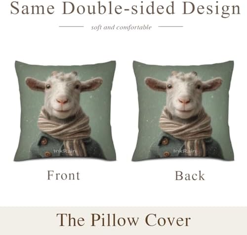 InkRain Winter Animal Cute Goat Pillow Cover 24x24 Inch Set of 2 Home Decor Decorative Cotton Linen Illustration Pillowcases for Living Room House Sofa