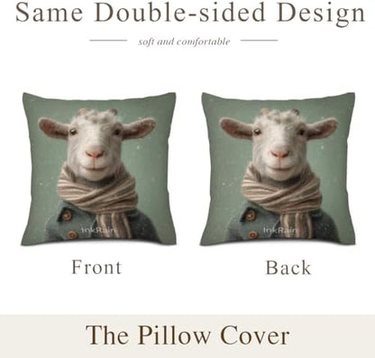 InkRain Winter Animal Cute Goat Pillow Cover 24x24 Inch Set of 2 Home Decor Decorative Cotton Linen Illustration Pillowcases for Living Room House Sofa