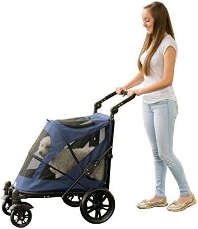 Pet Gear NO-Zip Pet Stroller with Dual Entry, Push Button Zipperless Entry for Single or Multiple Dogs/Cats, Pet Can Easily Walk in/Out, Gel-Filled Tires, Navy, Excursion
