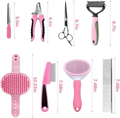 Dog Brush & Grooming Kit – 9-Piece Pet Brush & Deshedding Set for Shedding, Bathing, Trimming & Nail Care | Grooming Tools for Dogs & Cats, Includes Comb, Nail Clipper, Scissors, Slicker Brush (Pink)
