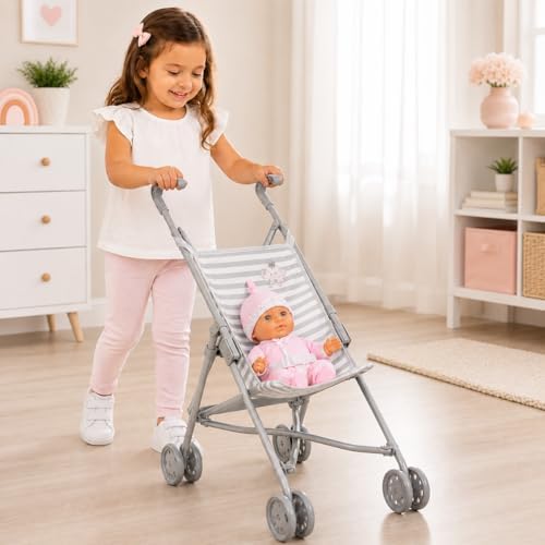 JC Toys Boutique | Folding Umbrella Doll Stroller for Children 2 Years Plus, Grey Stripes and Soft Embroidery | Sturdy Metal Frame | Pretend Play with Dolls up to 18” Long | Seat Belt