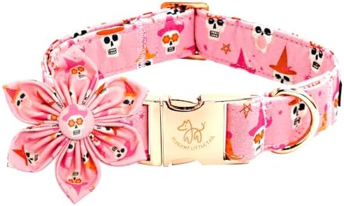 Elegant little tail Halloween Dog Collar, Ghosts Print Pumpkin Pet Collars with Flower Puppy Collar Flower Female or Male Cotton Adjustable Collars for Small Medium Large Dogs