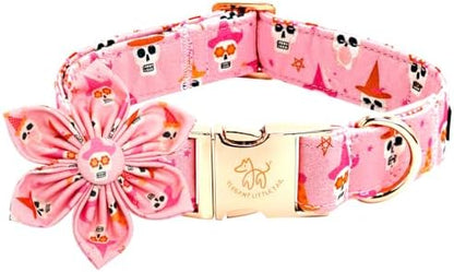 Elegant little tail Halloween Dog Collar, Ghosts Print Pumpkin Pet Collars with Flower Puppy Collar Flower Female or Male Cotton Adjustable Collars for Small Medium Large Dogs