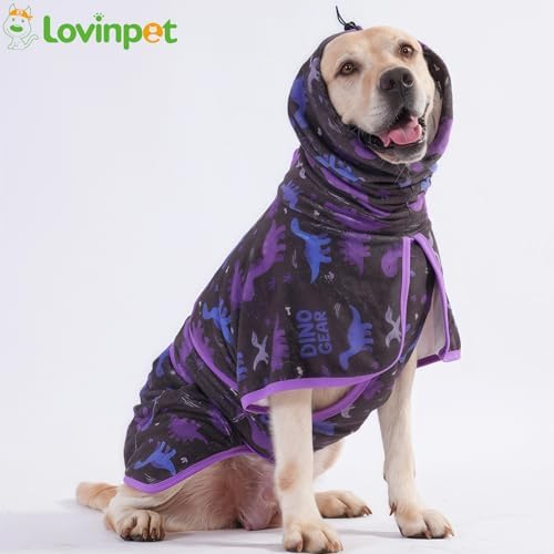 LovinPet 3-in-1 Dog Warm Winter Coat & Bathrobe, Black Dinosaur Fleece, L