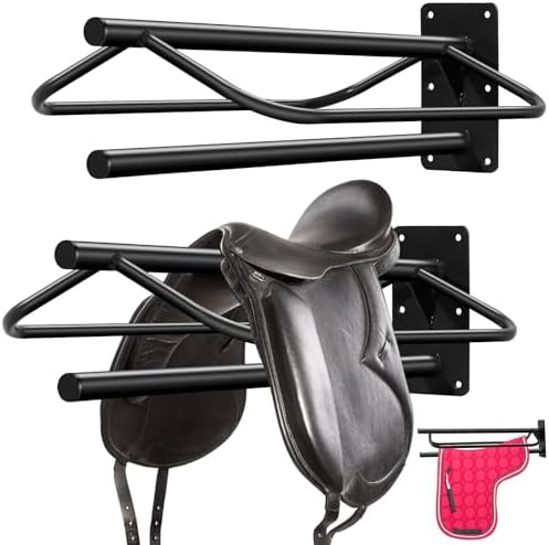 Paterr 2 Pcs Saddle Rack Wall Mount Heavy Duty Saddle Stand Pad Rack Horse Tack Storage for English Western Horses Blanket Stall Supplies Accessories(Black,One Bar)