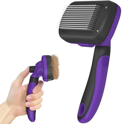 Dipoo Self Cleaning Cat & Dog Grooming Brush - Skin Friendly Deshedding Hair Brush for Haired Dogs & Puppies, Purple
