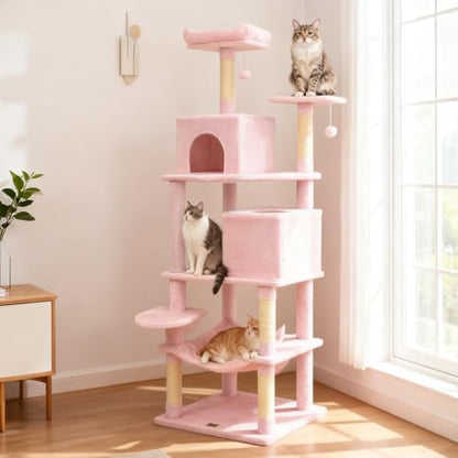 DORTALA 75" Tall Modern Cat Tree, Multi-Level Cat Tower with Large Condos, Sisal Scratching Posts, Top Perch, Hammock, Dangling Balls, Kitten Beds & Climbing Furniture for Indoor Cats (Pink)