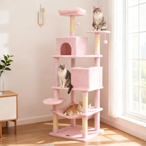 DORTALA 75" Tall Modern Cat Tree, Multi-Level Cat Tower with Large Condos, Sisal Scratching Posts, Top Perch, Hammock, Dangling Balls, Kitten Beds & Climbing Furniture for Indoor Cats (Pink)