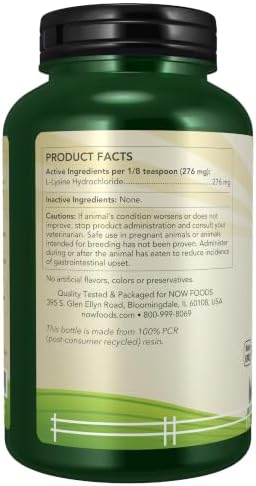 NOW Pet Health, L-Lysine Supplement, Powder, Formulated for Cats, NASC Certified, 8-Ounce