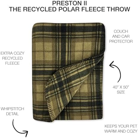 Preston II – THE Polar Fleece Throw, Super-Soft Recycled Polar Fleece Dog Blanket Couch Coat Sofa and Car Protecter for Small, Medium, Large Dogs - 40”x 50”, Olive Chesterfield Plaid, One Size