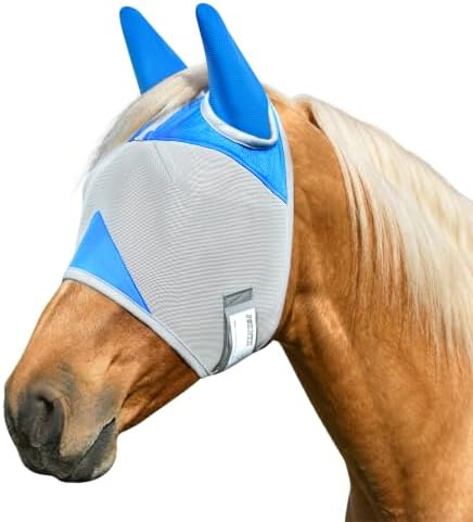 Horse Fly Mask with Ears, UV Block Breathable Mesh (Blue, M)