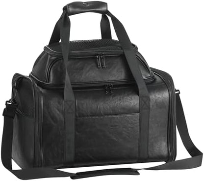 Premium Leather Top Expandable Pet Carrier for Small Dogs & Cats Under 15 lbs, Airline Approved Collapsible Soft-Sided Luxury Travel Bag Black