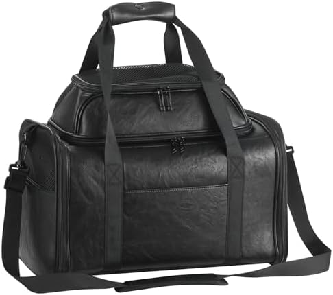 Premium Leather Top Expandable Pet Carrier for Small Dogs & Cats Under 15 lbs, Airline Approved Collapsible Soft-Sided Luxury Travel Bag Black