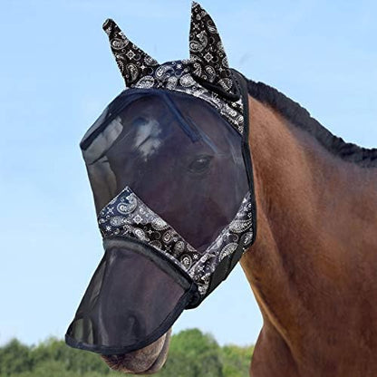 Harrison Howard LumiVista Horse Fly Mask Long Nose with Ears UV Protection for Horse Paisley Wave L Full Size