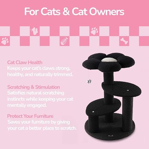 Poppy 29" 3-Tier Modern Flower Cat Tree Tower with Jute Scratching Posts, Weighted Base, Plush Platforms and Dangling Toy, Whimsical Activity Center, Grey/White CTR1007C