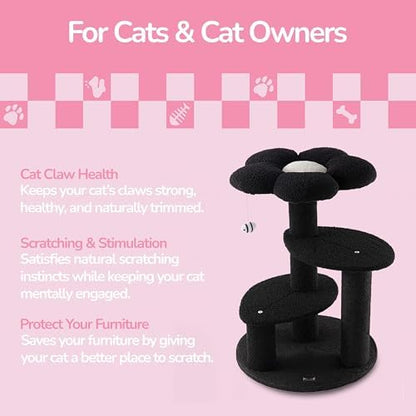 Poppy 29" 3-Tier Modern Flower Cat Tree Tower with Jute Scratching Posts, Weighted Base, Plush Platforms and Dangling Toy, Whimsical Activity Center, Grey/White CTR1007C
