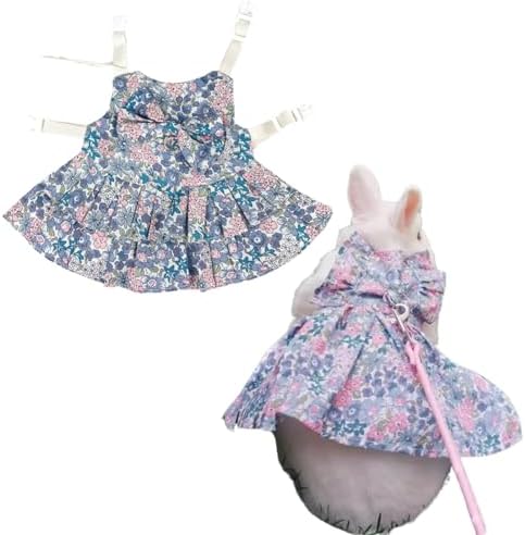 Rabbit Leash and Harness Set Adjustable Bunny Rabbit Dress Rabbits Clothes Outfit for Small Pet Ferret Guinea Pig Kitten Puppy (Blue,L)