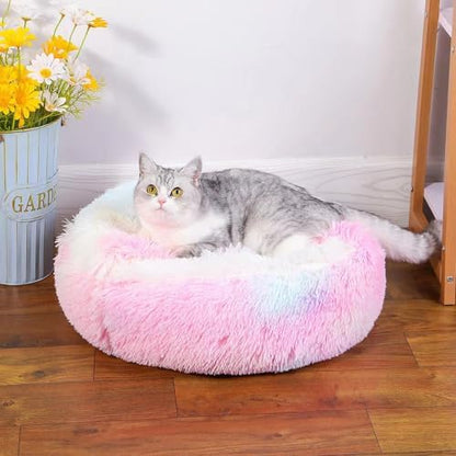 Round Fluffy Hooded Cat Bed Cave, Anti-Anxiety Cave Bed with Blanket