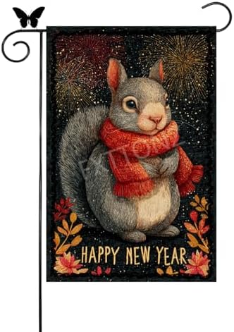 Happy New Year Garden Flag 12x18 Double Sided Vertical Linen Small Fireworks Squirrel House Flag Welcome Holiday Winter House Outdoor Outside Decorations (27162)