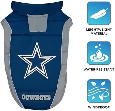 NFL Dallas Cowboys Puffer Vest for Dogs & Cats, Size Small. Warm, Cozy, and Waterproof Dog Coat, for Small and Large Dogs/Cats. Best NFL Licensed PET Warming Sports Jacket