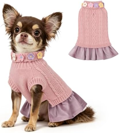 YUDODO Small Dog Sweater Dress with Bowtie Turtleneck - Knitted Pet Clothes