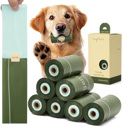 SkyNote Dog Poop Bag Rolls - Last 3 in Sky Blue Refill Reminder Waste Bag Unscented Eco-Friendly Leakproof Pet Doggie Puppy Cat Litter Bags 120 Counts for Walking Travel Home