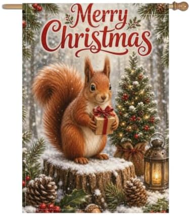 Christmas Squirrel House Flag 28x40 Inch Merry Holiday Gift Tree Lantern Pinecone Holly Snowy Woodland Rustic Outdoor Yard Lawn Porch Double Sided Banner Farmhouse Welcome Decor