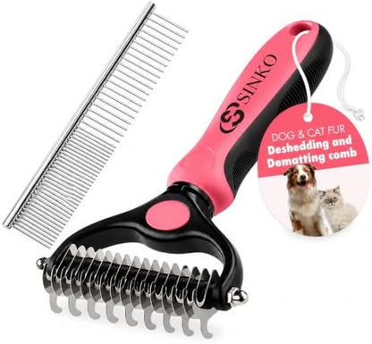 Sinko Shedding Brush for Dog and Cat, Undercoat Rake & Comb with Extra-Wide Double-Sided Stainless Steel Teeth for Deshedding, Brushing, Removing Loose Fur, Knots, Mats & Tangles in Pets (pink)