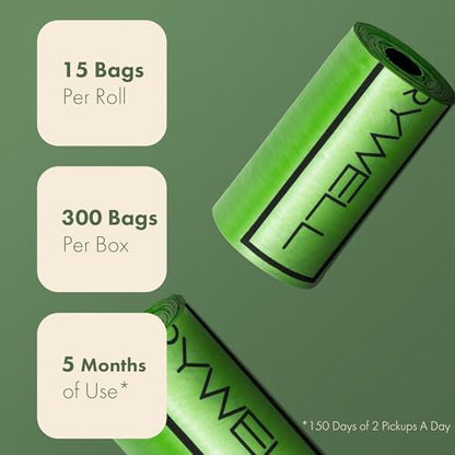 (Not Made In China) Dog Poop Bag Rolls 300 Count, Biodegradable, Leak Proof and Extra Thick Refill Bags For Dogs and Cats, Unscented Earth Friendly Waste and Doggy Litter Bag