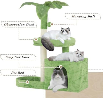 Athena Collection Small Cat Tree Tower with Scratching Post, 32 Inch Modern Cute Cat Tree Condo with Cozy Perch Haing Ball Green Leaves for Kittens Indoor Playing, Light Green