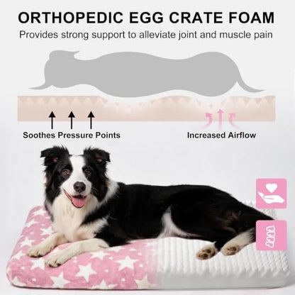 Orthopedic Dog Bed for Large Dogs, Washable Dog Mat with Removable Zippered Cover, Non-Slip Bottom, Comfort Crate Bed (Big&Little Stars Pink, M(30"*20"*3.1"))