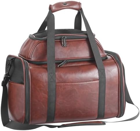 Premium Leather Top Expandable Pet Carrier for Small Dogs & Cats Under 15 lbs, Airline Approved Collapsible Soft-Sided Luxury Travel Bag Coffee
