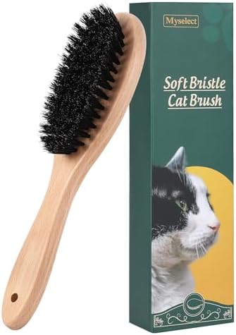 Boar Bristle Cat Brush with Wooden Handle, Soft and Gentle, Reduce Shedding, Make Coat Soft, Smooth and Shinny, Daily Grooming Tool for Short Haired Cats, Kitten