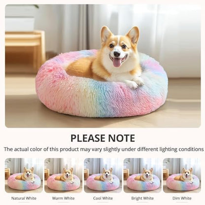 JOLLYVOGUE Calming Dog Bed Medium Size Dog, 31in Donut Washable Medium Pet Bed, Anti-Slip & Anti-Anxiety Fluffy Faux Fur Round Dogs Bed, Fits up to 45 lbs Pets (Rainbow)