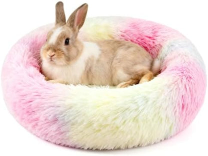 Rabbit Bed, Long Plush Donut Shaped Washable Bunny Hideout Soft Pet Bedding Mat for Guinea Pig, Kitten, Chihuahua & Small Pets for Snuggling Resting - Rainbow