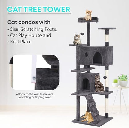 FDW | 70" Cat Tree Tower | Light Gray | Multi-Level Indoor Activity Center with Sisal Scratching Posts, Condos, Plush Perches, Hanging Cat Toys | Sturdy, Easy to Assemble | for Kittens & Adult Cats