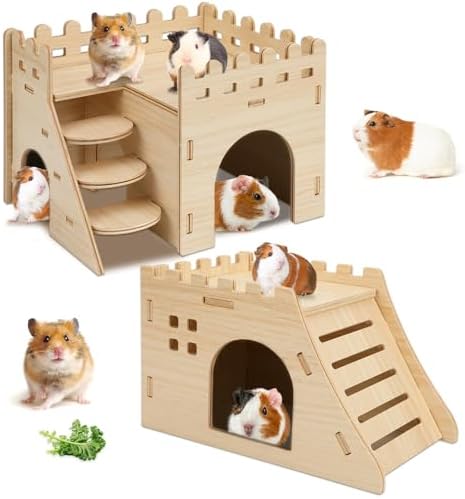 PETKNOWS 2-Pack Hamster House Wooden Castle Mouse Hideouts Bed with Stairs