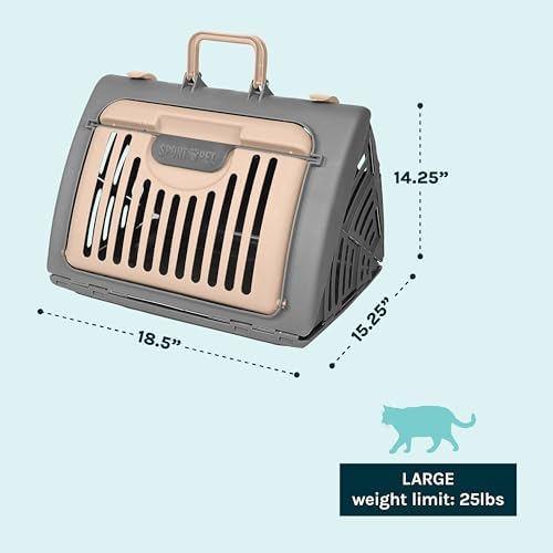 SportPet Designs Foldable Travel Cat Carrier - Front Door Plastic Collapsible Carrier, Gray and Tan, Medium (Pack of 1)