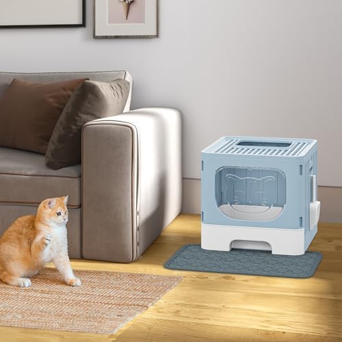 YITAHOME Large Enclosed Cat Litter Box w/Mat Scoop Blue Litter Box with Lid