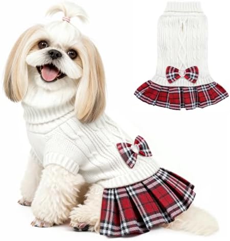 YUDODO Small Dog Sweater Dress with Bowtie Turtleneck - Knitted Pet Clothes