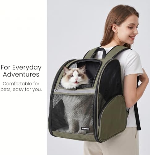 Cat Backpack Carrier for Small Dogs and Medium cat Puppy Kitten Bunny Pet Carrier Backpack Collapsible with Fully Ventilated Mesh with Safety Leash (DarkGreen, 12.9" L x 10.62" W x 15.5" H - M)