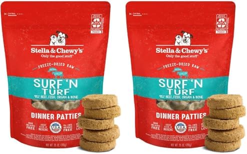 Stella & Chewy's Freeze-Dried Raw Dinner Patties - Surf 'N Turf Salmon & Beef Recipe - High Protein Grain-Free Puppy-& Dog Food - Perfect for Picky Eaters - 25 oz,(Pack of 2)