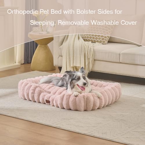Luxury Dog Beds,Large Sized Dog Washable Furry Pet Beds,Comfort Rectangle Pet Sofa Couch with Ultra,Puppy Beds with Removable Zipper Cover,30x25x7.5inches,Blush Pink