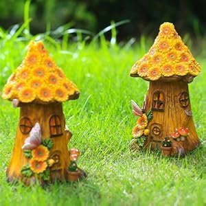 Fairy Garden Statues,Fairy Garden House with Solar Powerd Night Light,Yard Decorations Outdoor Fairy Garden Accessories Decor for Outside (Flower-Mushroom)