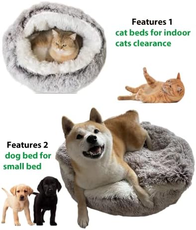 ShinHye Plush Fluffy Hooded Cat Bed Cave, Cozy for Indoor Cats or Small Dogs - Waterproof, Washable, 26x26Inch, Grey