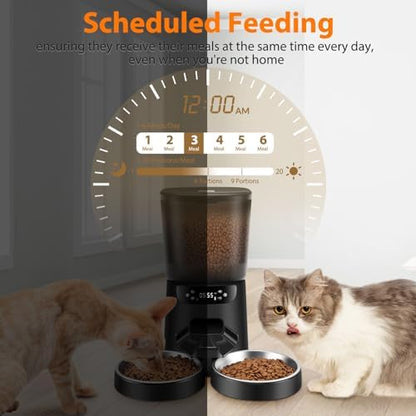 Automatic Cat Feeders for Two Cats, 5L/20 Cups Double Automatic Cat Food Dispenser with 2 Stainless Bowls, Timer Setting 20 Portions 6 Meals Per Day, 10s Meal Call (Black)