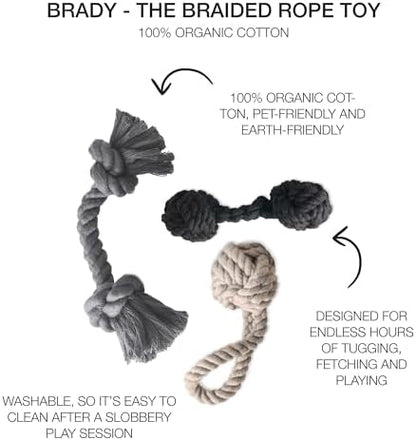 Pet Passion Brady The Rope Tug Toy 3-Pack Organic Cotton Dog Rope Pull Toys for All Pet Breeds, Black Ombre, One Size