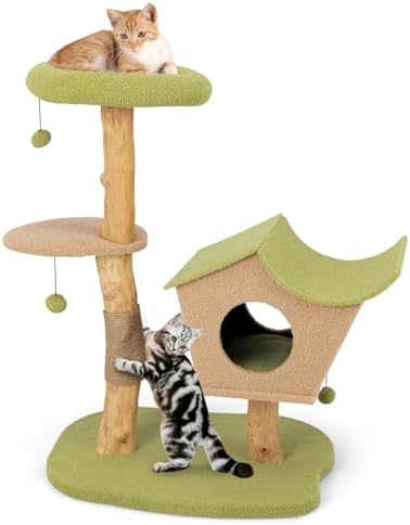 Tangkula Cat Tree, Solid Wood Cat Tower with Jute Scratching Post, Condo, Perch, Jingling Ball, Multi-Layer Activity Center, Modern Cute Cat Tree for Indoor Cats